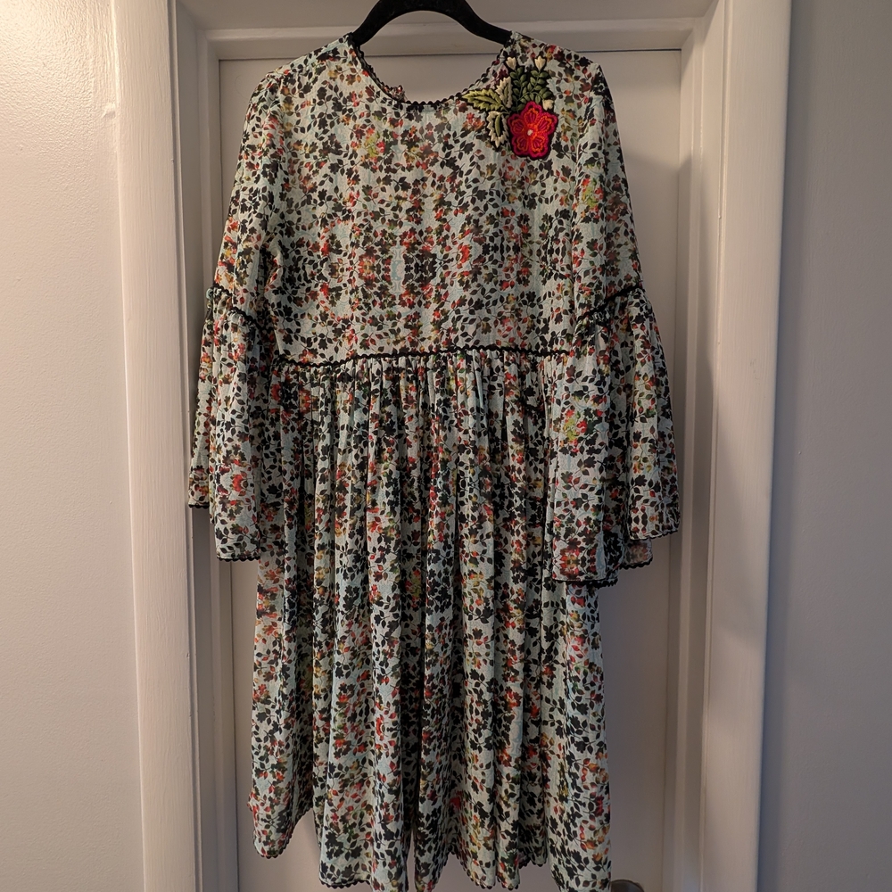 Light Blue Floral Dress with Red Accent